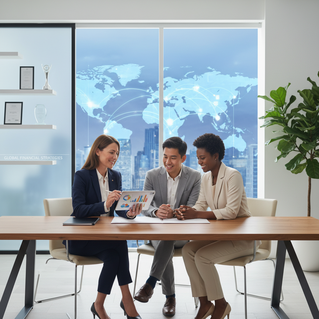 A professional financial advisor in a modern, light-filled office, reviewing a tablet with charts and graphs, while discussing financial plans with a diverse couple sitting opposite them. The background subtly suggests a global map or city skyline, representing international finance. The mood is confident and reassuring.
