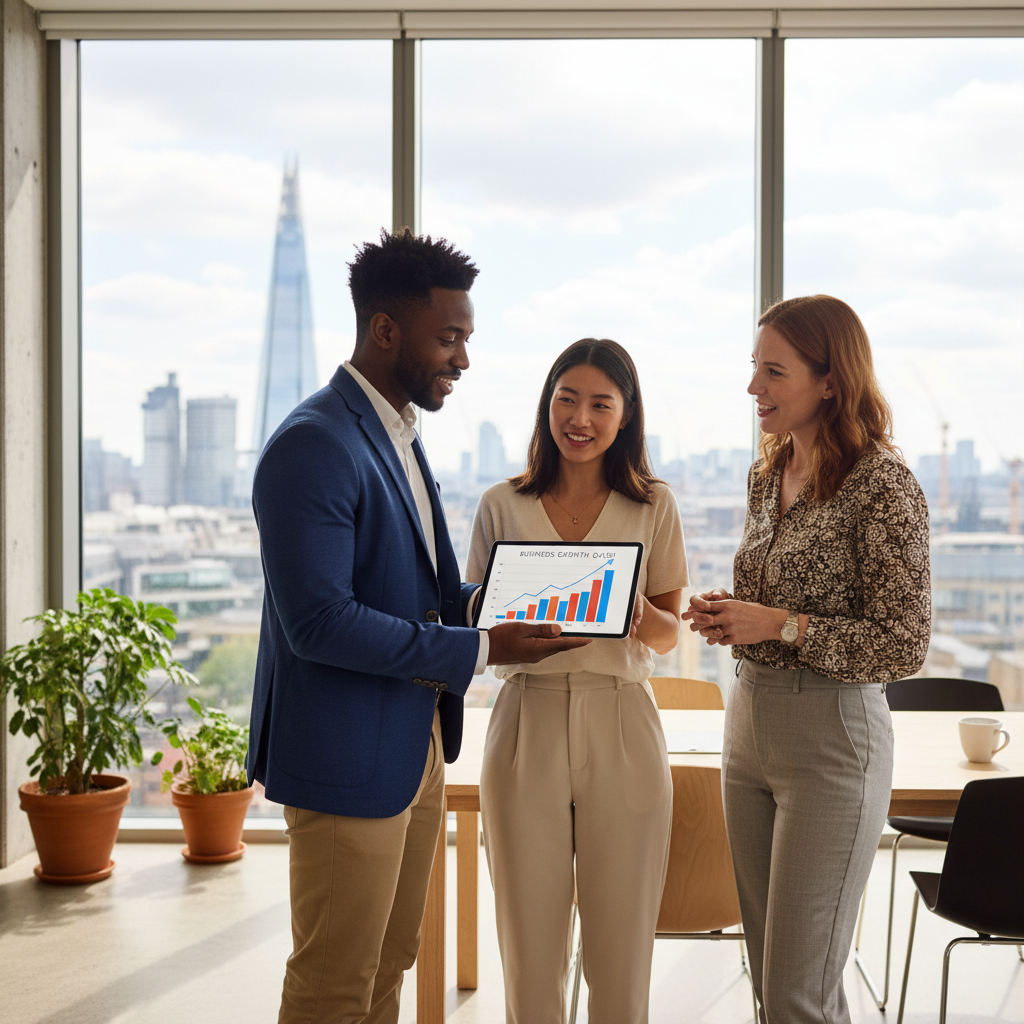 A diverse group of expat professionals, including a man and two women of different ethnic backgrounds, are having a dynamic discussion in a modern, sunlit office in London, looking at a digital tablet displaying business growth charts. They are dressed in smart business casual attire, and the background shows a blurred cityscape of London through large windows. The mood is collaborative and optimistic.