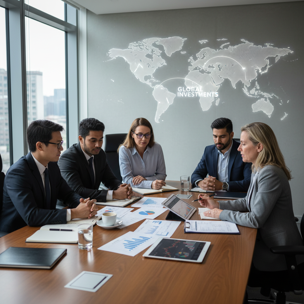A detailed, photorealistic image of a diverse group of expatriates from various backgrounds sitting around a table with a professional financial advisor, reviewing financial documents and discussing investment strategies, with a world map faintly visible in the background, suggesting global financial planning.