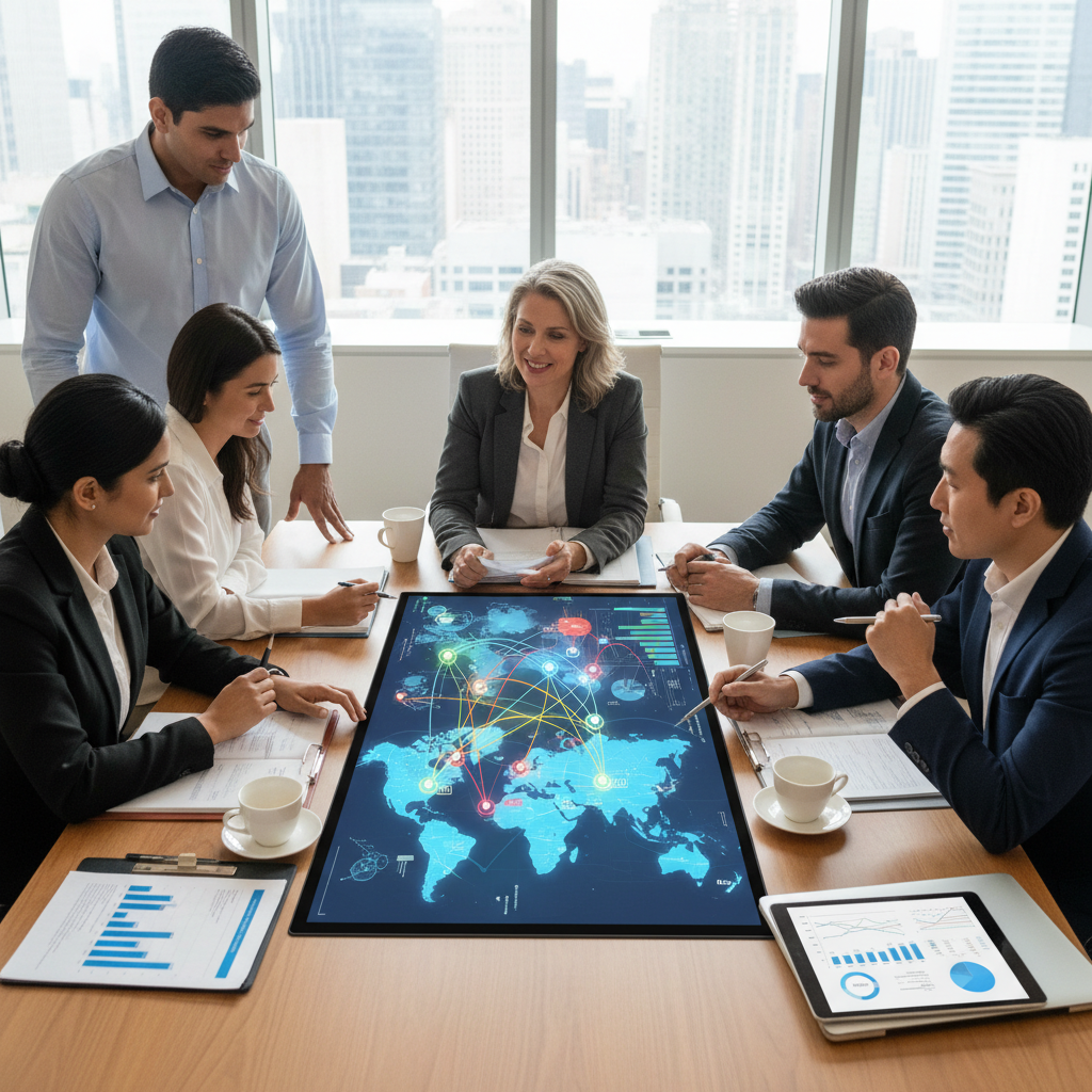 A diverse group of people, appearing to be UK expats, sitting around a table with a financial advisor. They are looking at documents and screens displaying financial data and global maps, illustrating the complexity and global nature of UK expat financial planning.