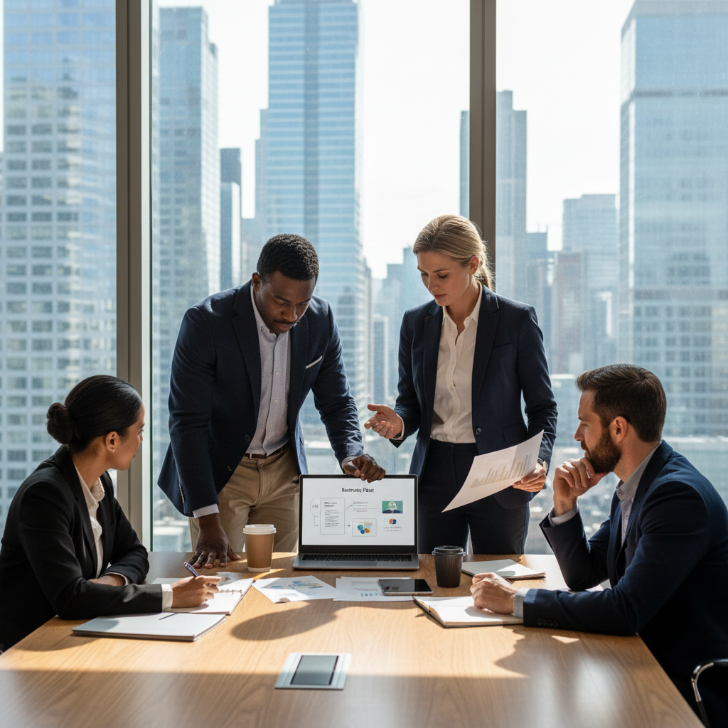 A diverse group of expat professionals from the UK, smartly dressed, collaborating around a large table in a modern, sunlit office. They are looking at a laptop and documents, discussing plans for their international business setup. The atmosphere is professional and collaborative, with city skyline visible through a large window. Photorealistic style, high resolution.