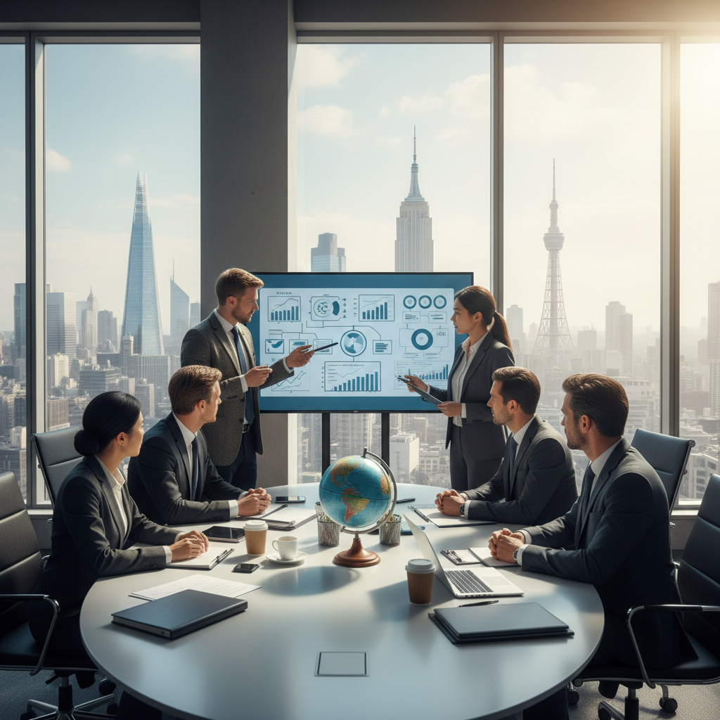 A diverse group of business professionals, including a British expat, engaging in a strategic discussion around a table in a modern, sunlit office with international city skylines visible through large windows, symbolizing global business collaboration and expert guidance.
