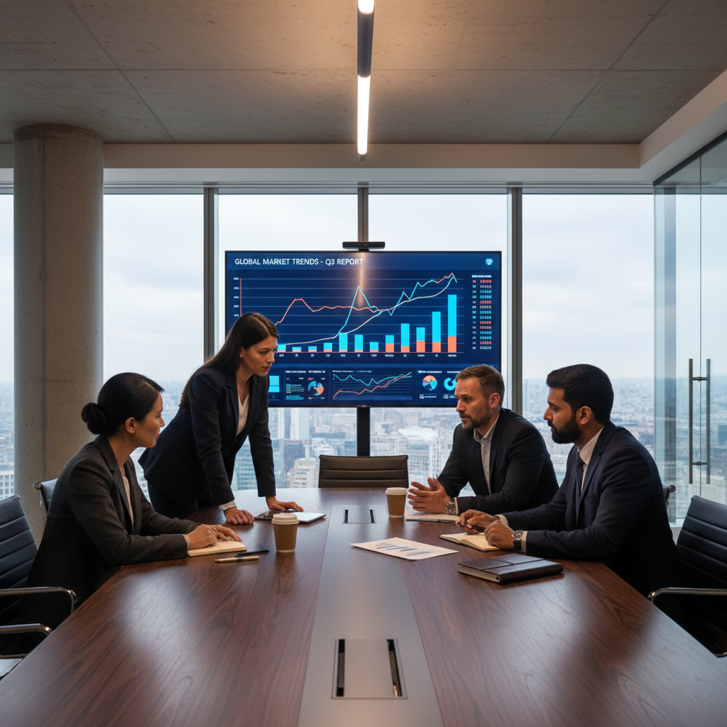 A professional, photorealistic image of a diverse group of business executives in a modern, sleek UK office, having a high-level discussion with financial charts on a large screen in the background. The mood is serious and focused, reflecting strategic business planning.