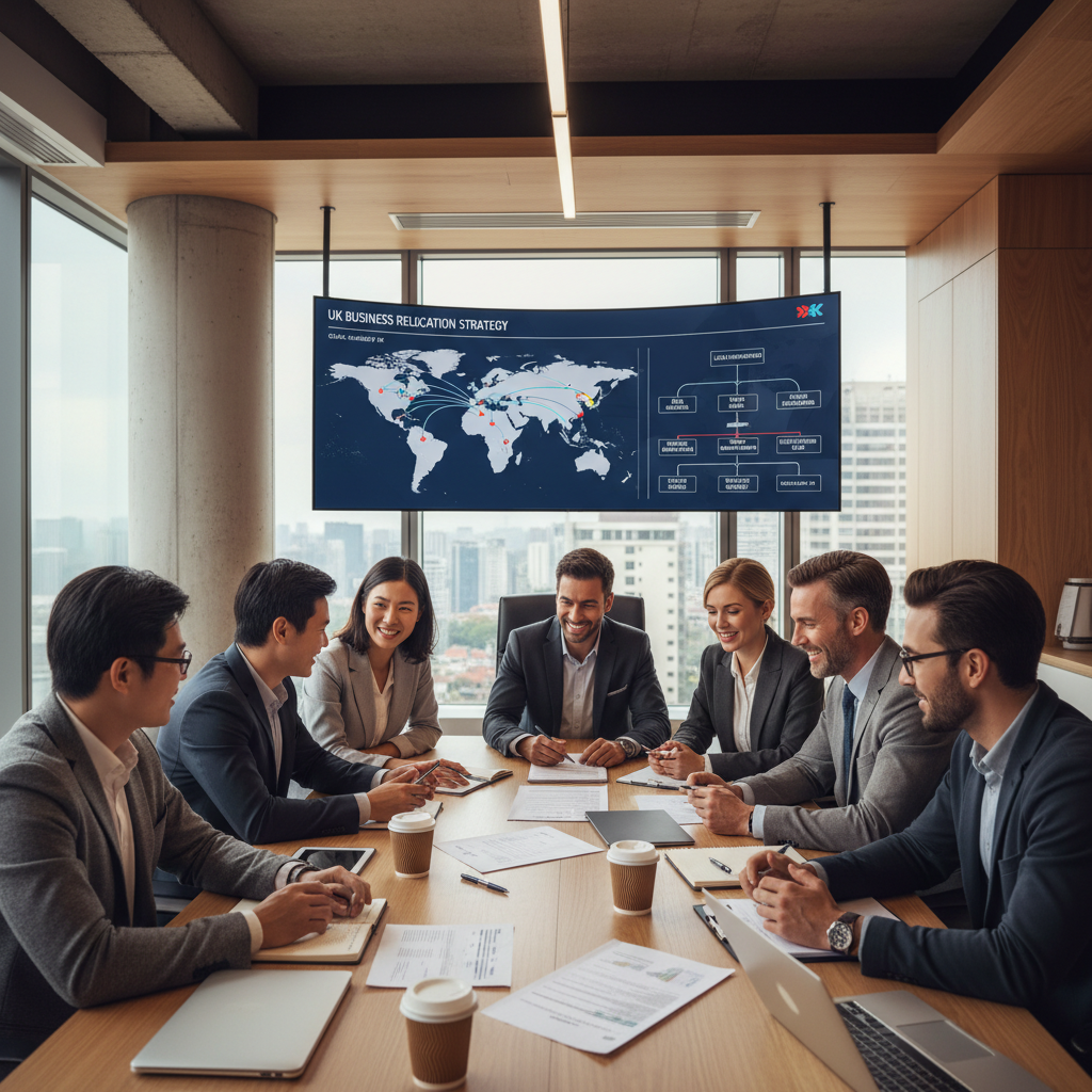 A diverse team of professional relocation specialists in a modern office, reviewing documents and discussing a strategic plan for an international business move to the UK. There are maps and flowcharts on a large screen in the background, showcasing logistical routes and legal frameworks. The specialists are smiling, indicating successful collaboration.