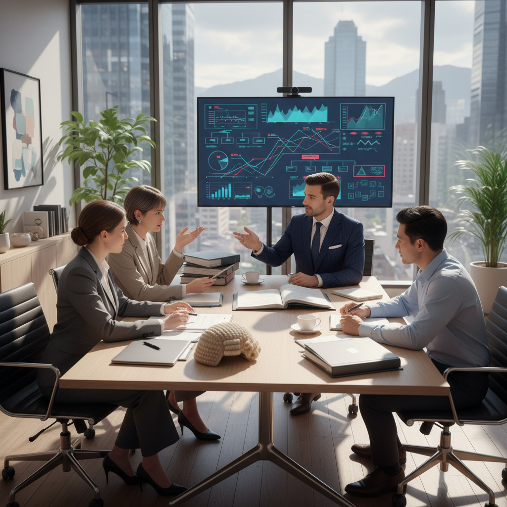 A diverse group of business professionals, including an expat and a UK lawyer, reviewing legal documents and discussing business strategy in a modern, light-filled office. There are graphs and charts on a monitor in the background, symbolizing financial and legal complexities.