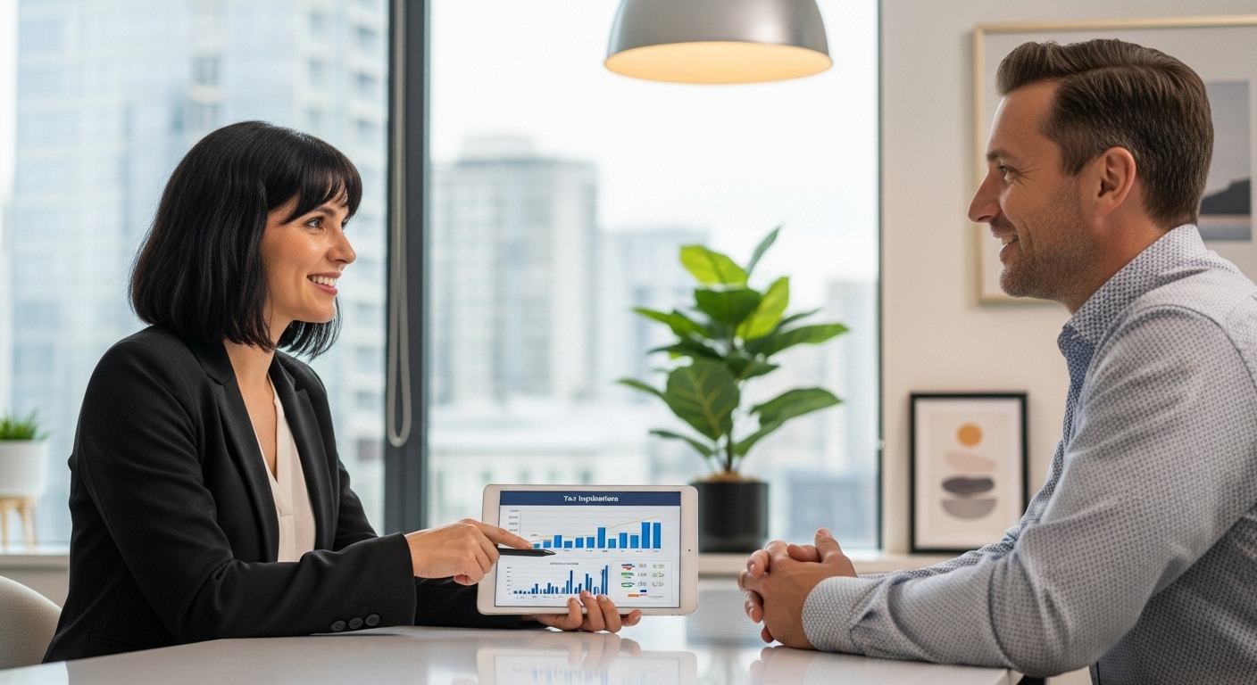 A professional female expat tax consultant in a modern, brightly lit office, explaining complex tax implications on a digital tablet to a male expat business owner, both smiling confidently.