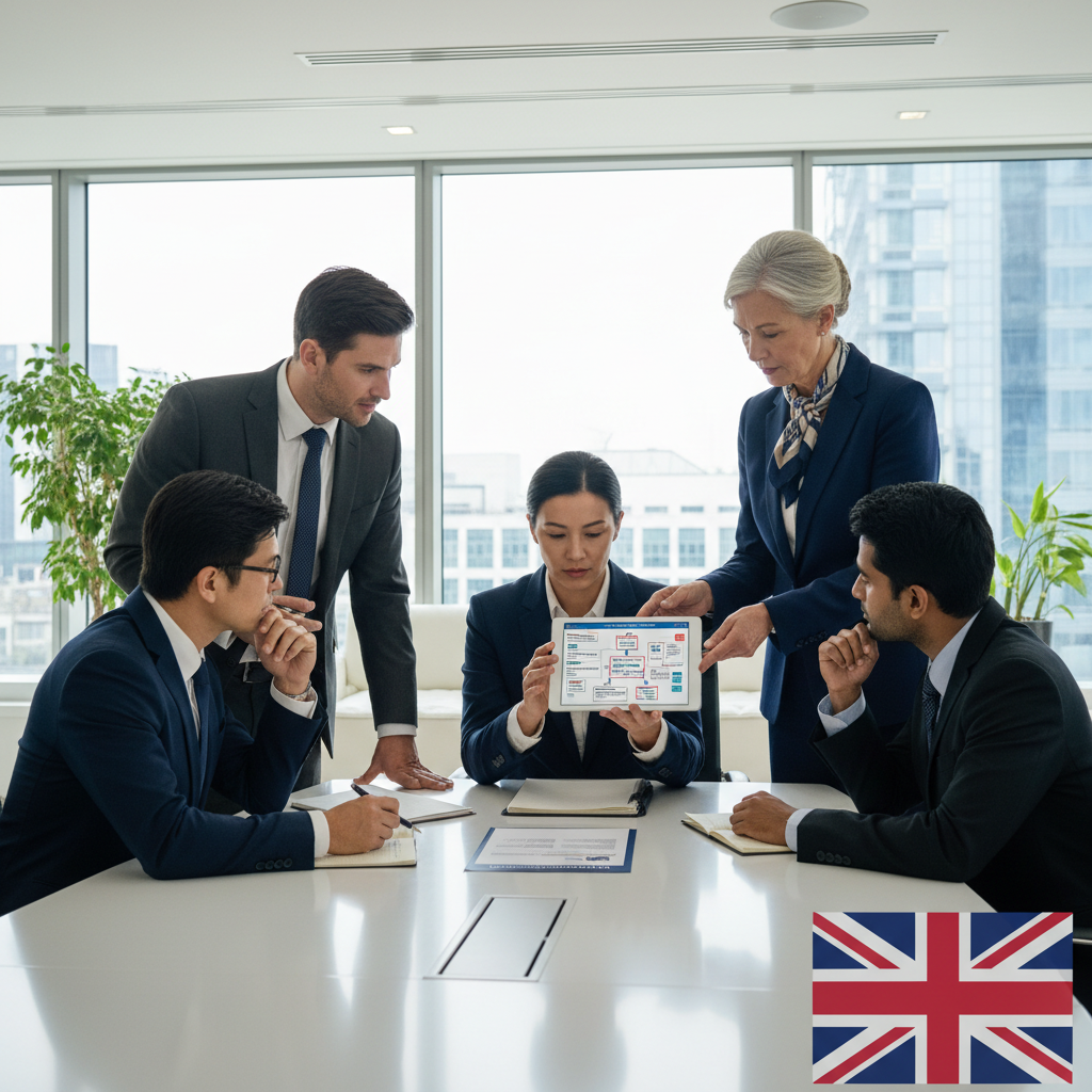 A diverse group of business professionals in a modern office setting, consulting with a professional UK corporate immigration lawyer who is explaining complex documents on a tablet, symbolizing expert guidance and compliance in corporate immigration.