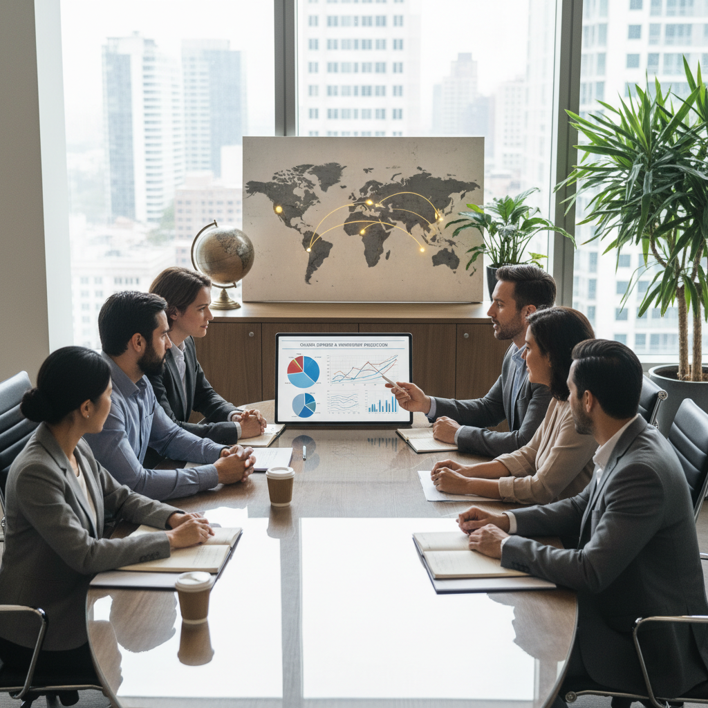 A diverse group of people from different backgrounds discussing financial documents with a professional financial advisor in a modern, bright office setting. The advisor is pointing to a digital tablet displaying charts and figures, illustrating complex financial planning scenarios for expats. The atmosphere is collaborative and professional, with maps or globes subtly visible in the background, symbolising international finance.