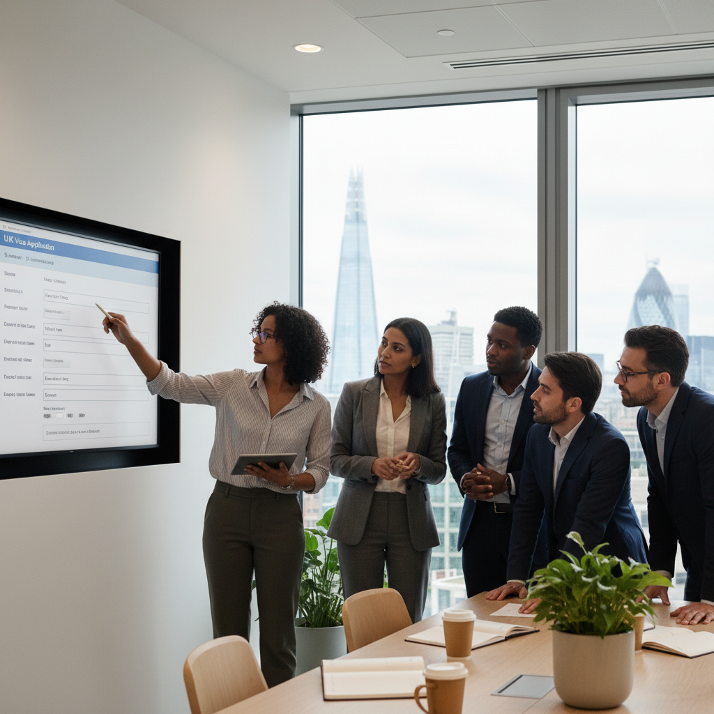 A detailed photorealistic image of a diverse group of professionals in a modern, light-filled office space, looking at a screen with UK visa application forms. One person points to a specific field on the screen, while another takes notes. The atmosphere is focused and collaborative, with subtle hints of London's skyline in the background through large windows.