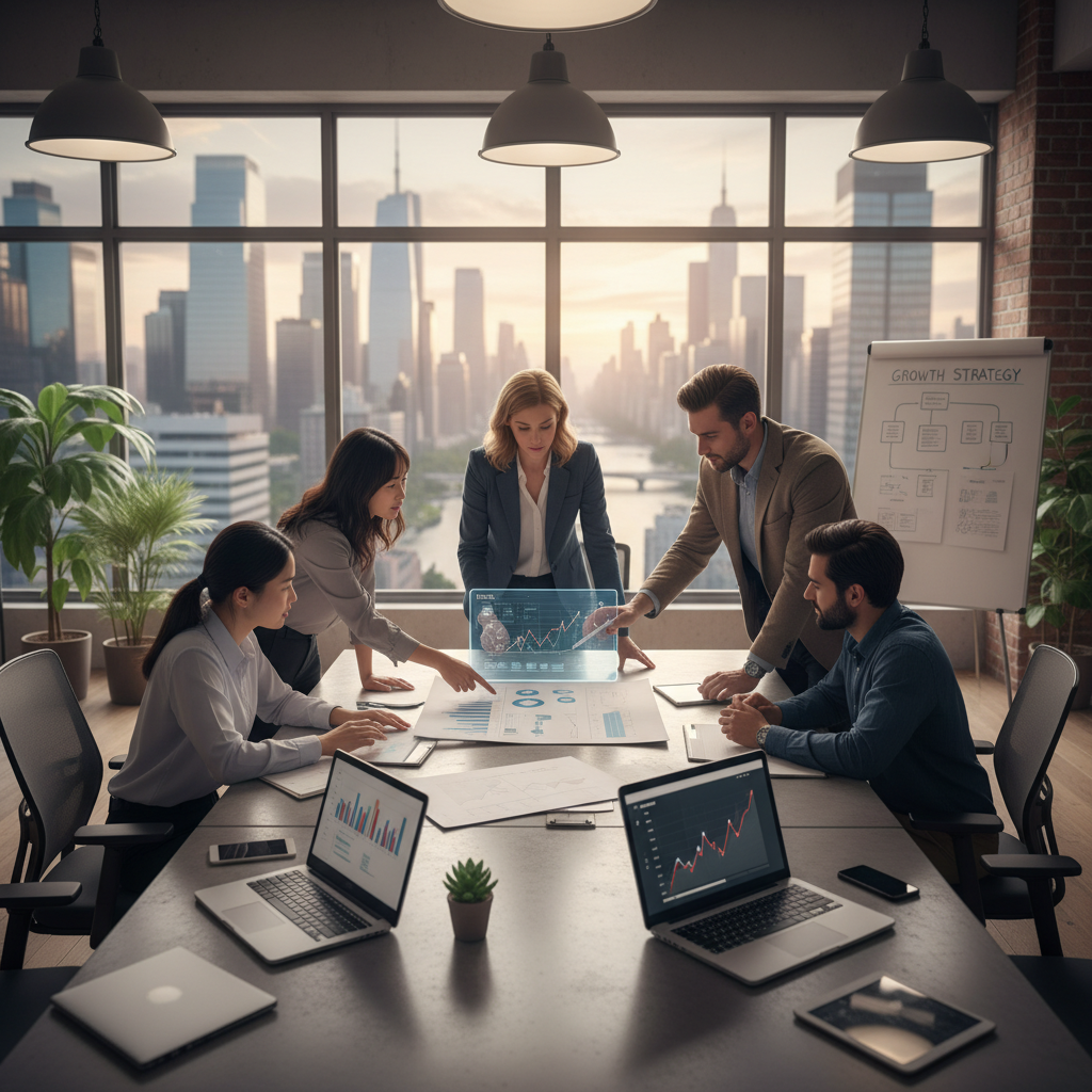 A diverse group of entrepreneurs in a modern, collaborative office space, gathered around a large table, reviewing business plans and financial documents on laptops and paper, with a cityscape visible through large windows in the background. The atmosphere is professional and innovative, with a focus on startup growth.