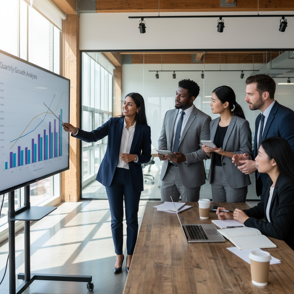 A diverse group of professional consultants in a modern, well-lit office collaborating around a large screen, looking engaged and productive. One person points to a chart on the screen, illustrating teamwork and professional services.
