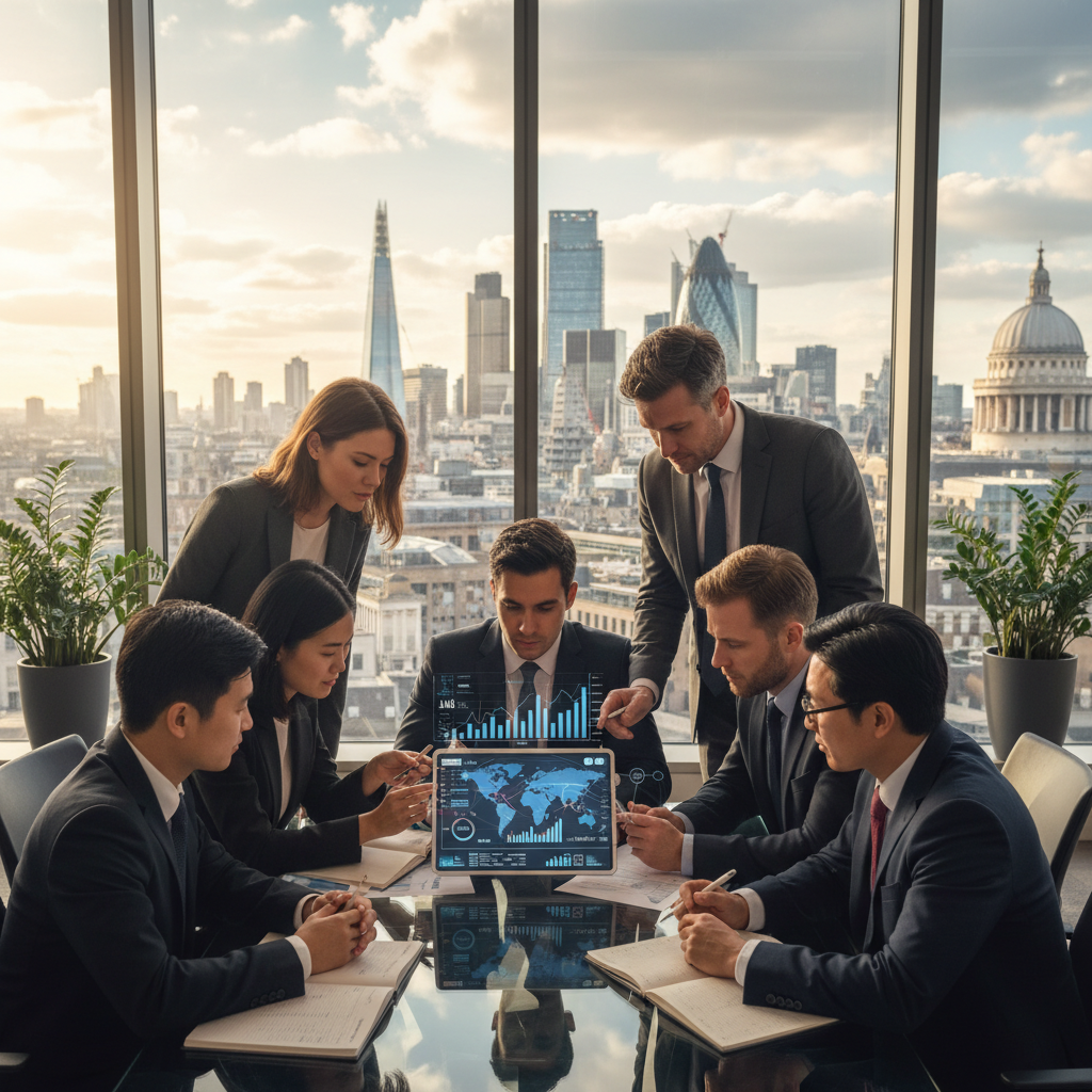 A diverse group of international business professionals in a modern, sunlit office in London, looking at a digital tablet displaying investment data with a skyline of London in the background, signifying global business opportunities and collaboration. The image should be highly detailed and photorealistic.